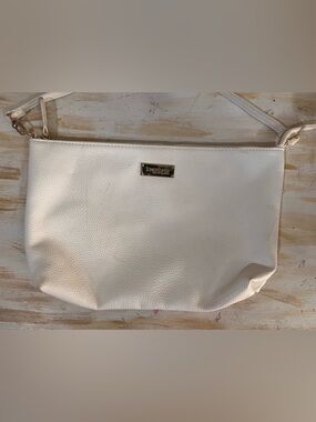 Bebe Cream Pebbled Crossbody with Gold Logo Plate